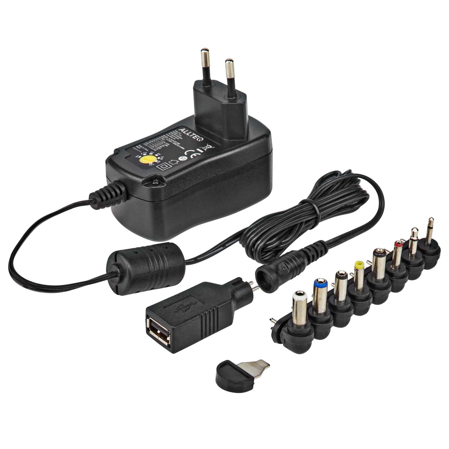 • Mærke: Allteq • Indgangsspænding: 100-240 volt AC, 50/60 Hz • Udgangsspænding: 3/4.5/5/6/7.5/9/12 v • Strømstik: 9 stk • Stikstørrelse: USB, 2.5, 3.5, 3.5x1.35 , 5.0x2.1, 5.5x1.5, 5.5x2.5, 5.5x2.1, 4.0x1.7 • Max. strømstyrke: 300 mA • Kabellængde: 145 centimeter • Overbelastningssikret: ja • Kortslutningssikret: ja • Switching power supply: ja • Stabiliseret: ja • Ekstra: udskiftelige DC-stik • Garanti: 5 år Allteq universal AC/DC-adapter En kompakt og energieffektiv universal plug-in adapter inklusive 9 udskiftelige udgangsstik. Det er muligt selv at justere spændingen, så den passer til den enhed, du vil tilslutte og forsyne med strøm. Den valgbare udgangsspænding er 3/4.5/5/6/7.5/9/12 volt. Den udgående strømstyrke, der leveres, er 300 milliampere. Brug Den indgangsspænding, der kræves for at bruge denne adapter, skal være mindst 100 volt og må ikke overstige 240 volt. Stikkene kan nemt sættes i og er derefter klar til brug for tilslutning til en enhed med det korrekte tilslutningspunkt. Når stikkene sættes i, skal der tages hensyn til polariteten. Dette er plus og minus på tilslutningen. Karakteristika • 9 strømstik • Udgangsspænding 3/4.5/5/6/7.5/9/12 v • Switching power supply • Stabiliseret Dimensioner på udskiftelige stik USB 2.5 mm 3.5 mm 3.5 x 1.35 mm 5.0 x 2.1 mm 5.5 x 1.5 mm 5.5 x 2.5 mm 5.5 x 2.1 mm 4.0 x 1.7 mm Yderligere oplysninger Den leverede effekt afhænger af den indstillede spænding. Spændingen og effekten skal matche den enhed, du ønsker at bruge. Garantien er 5 år. Universal AC/DC-adapter 3–12 V – 300 mA – Udskiftelige stik