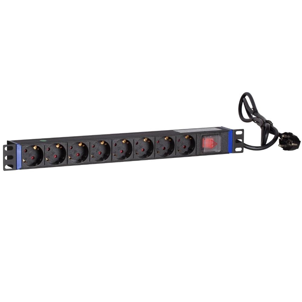 1U Stikdåse 8-voudig 19 Inch 483x44x44mm (BxDxH) Patchkast Vægkast Datakast