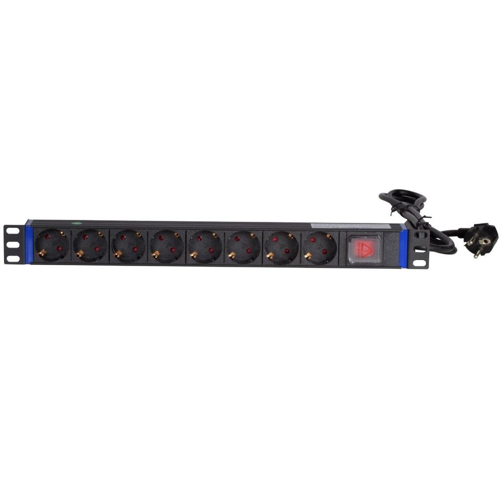 1U Stikdåse 8-voudig 19 Inch 483x44x44mm (BxDxH) Patchkast Vægkast Datakast