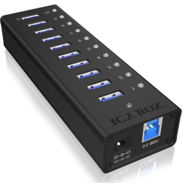 USB-A hub 10 porte med individuelle kontakter og USB strømforsyning