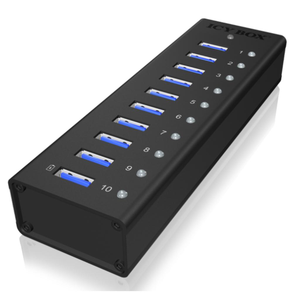 USB-A hub 10 porte med individuelle kontakter og USB strømforsyning