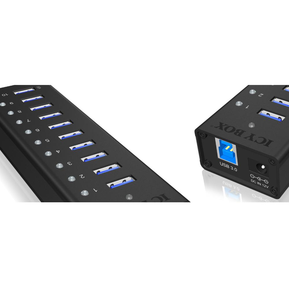 USB-A hub 10 porte med individuelle kontakter og USB strømforsyning