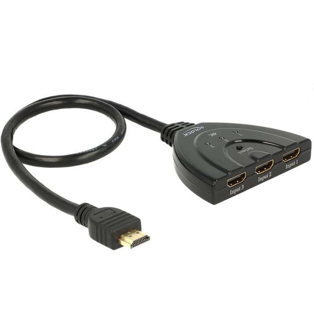 HDMI UHD Switch 3 x HDMI ind > 1 x HDMI ud 4K med integreret kabel 5 - Delock