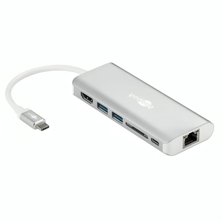 USB-C multiport adapter udvider en enhed med USB Type-C host-port med HDMI-video, USB-porte, Ethernet, SD-kortlæser og Power Delivery. Adapteren fungerer som en ekstern hub og understøtter samtidig data-, video- og strømfunktionalitet. Videooutput sker via HDMI med en maksimal opløsning på 4K @ 30 Hz. USB-C Power Delivery-porten muliggør opladning af værtsenheden, mens hubben er i brug.rnrnHubben er bus-drevet og kan desuden forsynes med strøm via USB Power Delivery. Den integrerede RJ45 Ethernet-port giver en kablet netværksforbindelse. DisplayPort Alternate Mode understøttes til HDMI-video via USB-C.rnrnrnSpecifikationer og funktionerrn• Host-port: USB Type-C malern• Downstream USB-porte: 2× USB Type-A female (USB 3.2 Gen 1)rn• USB-C downstream: 1× USB Type-C female (data + Power Delivery)rn• Video-udgang: 1× HDMI Type-A femalern• Netværksforbindelse: 1× RJ45 femalern• Kortlæser: 1× SD-kortslotrn• USB-version: USB 3.2 Gen 1rn• USB datahastighed: op til 5 Gbit/srn• Videoopløsning: maksimalt 3840 × 2160 @ 30 Hzrn• Ethernet: kablet LAN-forbindelse via RJ45rn• Strømforsyning: bus-drevet via USBrn• Power Delivery: understøttet via USB-Crn• PD-indgang: op til 100 W (20 V / 5 A)rn• Data eller video: data + videorn• DisplayPort Alt Mode: understøttetrn• Antal porte: 5 udgangern• Kabinet: aluminiumrn• Farve: sølvrn• Montering: eksternrn• Plug & Play: jarnrnrnKort forklaring af USB-versionerrnUSB 2.0: Maks 2,5 W (5 V, 0,5 A) – High-Speed op til 480 Mbps.rnUSB 3.2 Gen 1: Maks 4,5 W (5 V, 0,9 A) – SuperSpeed op til 5 Gbit/s.rnUSB 3.2 Gen 2: Maks 4,5 W (5 V, 0,9 A) – datahastigheder op til 10 Gbit/s.rnUSB 3.2 Gen 2×2: Maks 100 W (20 V, 5 A) med USB C Power Delivery – datahastigheder op til 20 Gbit/s.rnUSB4: Maks 240 W (48 V, 5 A) med USB C Power Delivery – datahastigheder op til 40 Gbit/s.rnrnrnKort forklaring af video og USBrnUSB 2.0: Ingen direkte video-understøttelse; kun via eksterne adaptere.rnUSB 3.2 Gen 1: Video mulig via DisplayPort Alternate Mode, hvis understøttet.rnUSB 3.2 Gen 2: Video mulig via DisplayPort Alternate Mode, hvis understøttet.rnUSB 3.2 Gen 2×2: Video kun mulig, hvis DisplayPort Alternate Mode understøttes.rnUSB4: Fuld video-understøttelse mulig, afhængig af implementering.rnDisplayPort Alt Mode: understøttet.rnrnrnKort forklaring af USB-stiktyperrnUSB Type A: Rektangulær, bred konnektor til perifert udstyr.rnUSB Type B: Næsten firkantet konnektor, ofte brugt til hubs og printere.rnUSB Mini-B: Kompakt trapezformet konnektor til ældre udstyr.rnUSB Micro-B: Tynd rektangulær konnektor til ældre mobile enheder.rnUSB C: Symmetrisk, vendbar konnektor til data, video og strøm, afhængig af implementering.