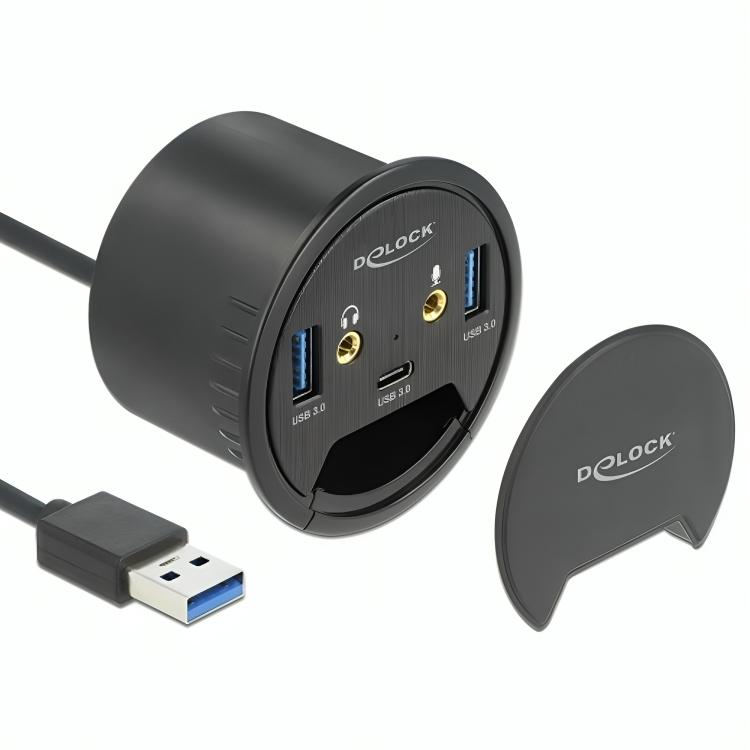 Indbygget USB-hub med 2× USB A, USB C og audio-tilslutninger