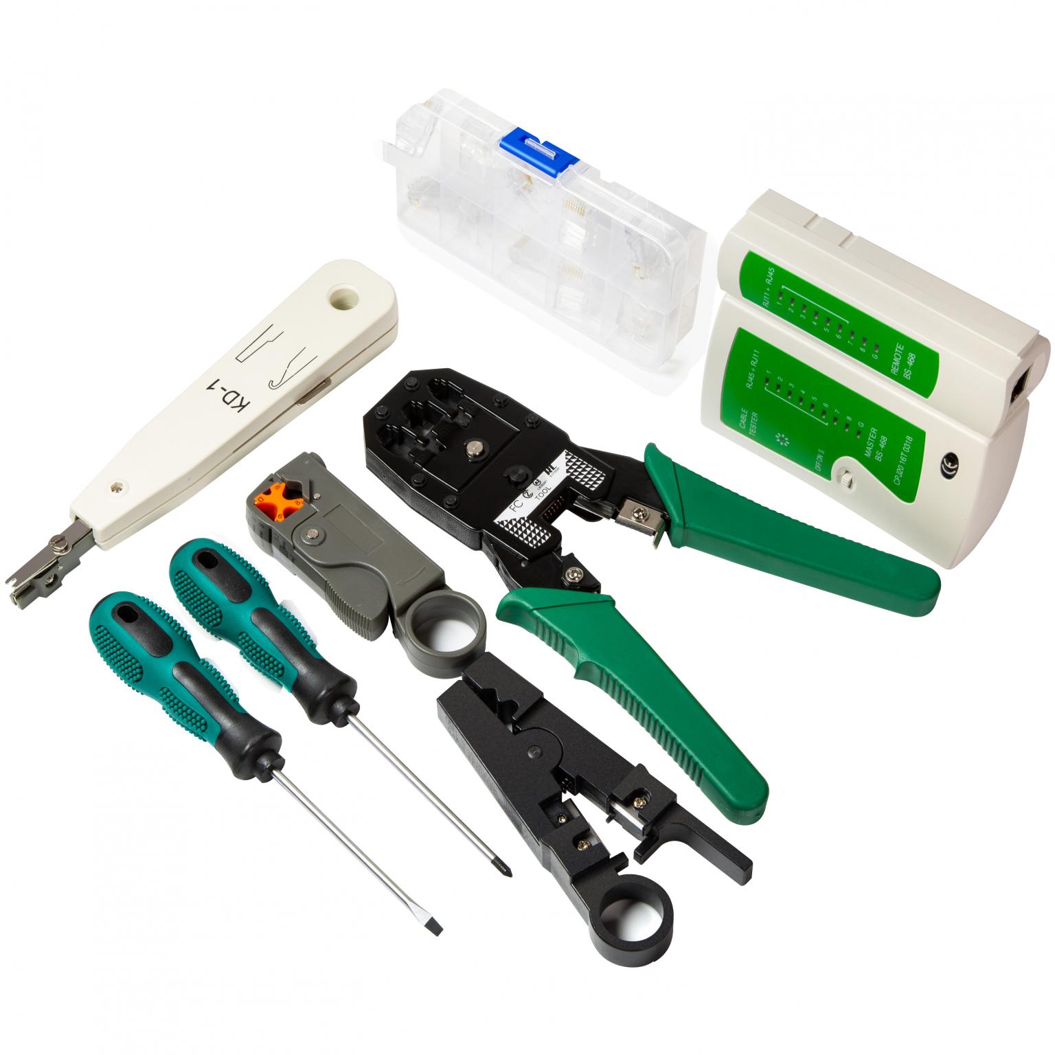 Netwerkkabel Toolkit – Komplet Sæt med Krympetang, Kabeltester & Værktøj – RJ45/RJ11/RJ12