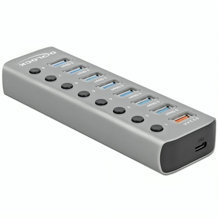 USB-hub med 8× USB A-porte, Power Delivery og ekstern strømforsyning