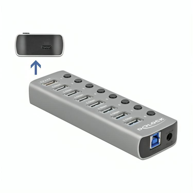 USB-hub med 8× USB A-porte, Power Delivery og ekstern strømforsyning