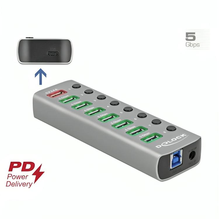 USB-hub med 8× USB A-porte, Power Delivery og ekstern strømforsyning