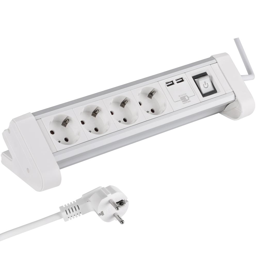 Strømskinne 4-vejs med USB og afbryder – bordmontering