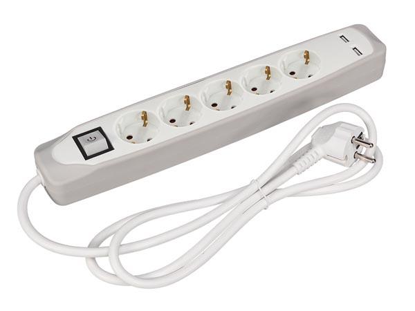 5-voudige stikdoase med afbryder - 2 USB-porte - grå/hvid - SCHUKO - Perel