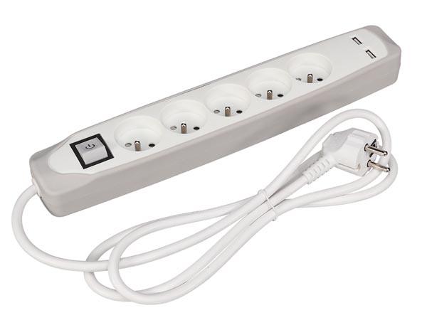 5-voudige stikdoase med afbryder - 2 USB-tilslutninger - grå/hvid - penaarde - Perel