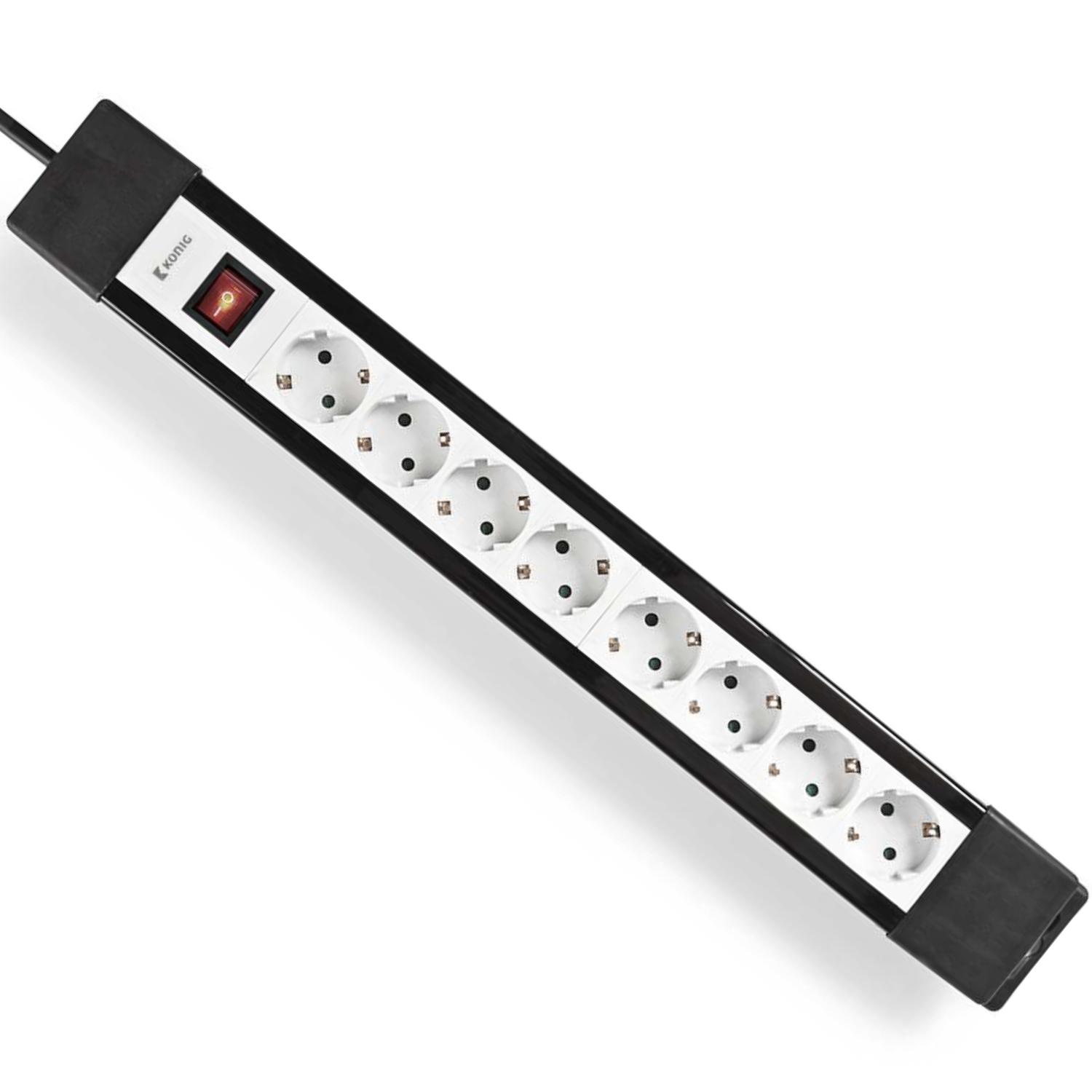 **Stikkontakt med jord** Denne stikkontakt er designet til at tilslutte flere elektriske apparater via **otte type F stikkontakter (med jord)** og er udstyret med en **central tænd/sluk-knap** og **børnesikring**. Stikkontakten tilsluttes lysnettet via et **3,0 meter langt tilslutningskabel** med et **type E/F (CEE 7/7) jordstik** og er designet til brug på en standard vekselstrømsinstallation. De **otte stikkontakter** er placeret i en **45-opsætning**, hvilket gør det muligt at bruge tilsluttede stik ved siden af hinanden uden at blokere hinanden mekanisk. Stikkontakten er beregnet til at blive **placeret frit** på en plan overflade og er egnet til **indendørs brug**. Den integrerede kontakt gør det muligt at afbryde strømmen til alle tilsluttede apparater samtidigt. Det anvendte tilslutningskabel og den interne kabelføring er tilpasset stikkontaktens maksimale elektriske belastning. **Specifikationer** • **Tilslutning 1:** 1x Type E/F han (CEE 7/7, med jord) • **Tilslutning 2:** 8x Type F hun (Schuko, med jord) • **Antal stikkontakter:** 8 • **Kabellængde:** 3,0 m • **Kabeltype:** H05VV-F 3G1.5 • **Kabeltværsnit:** 1,5 mm² • **Antal ledere:** 3 • **Jordtype:** Jord (sidekontakter) • **Max. spænding:** 250 V • **Max. strøm:** 16 A • **Max. effekt:** 3680 W • **Kontakt:** Ja • **Børnesikring:** Ja • **Montering:** Fritstående • **Brug:** Indendørs **Mærker & certificering** • **CE-mærkning:** Angiver, at stikkontakten opfylder de gældende europæiske retningslinjer for sikkerhed og elektromagnetisk kompatibilitet Stikkontakt med 8 stikkontakter