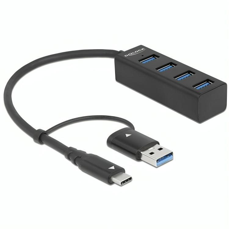 USB-hub med 4 USB A-porte og kombineret USB C / USB A-forbindelse