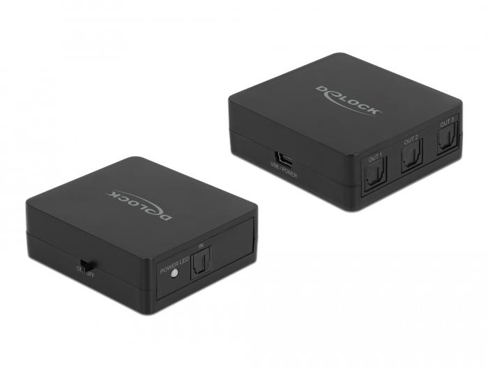 Delock S/PDIF TOSLINK Splitter 1 In 3 Out med USB strømforsyning - Delock