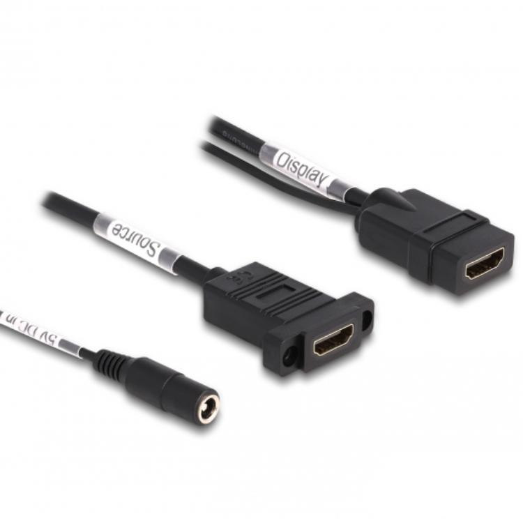 Delock HDMI-kabel 4K 60 Hz med DC-strømforsyning 2,1 x 5,5 mm 0,30 m til indbygning - Delock