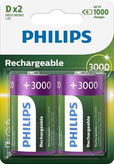 Philips Rechargeable NiMH D/HR20 3000mAh Blisterpakke 2 - Philips
