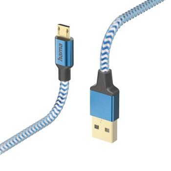 Opladningskabel Reflective, USB-A - micro-USB, 1,5 m, nylon, blå - Hama