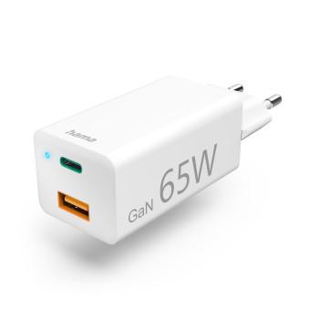 Hurtiglader, GaN, 1x USB-C PD, 1x USB-A QC, minilader, 65 W, hvid - Hama