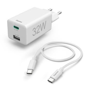 Hurtiglader, 1x USB-C, 1x USB-A, PD/Qualcomm®, oplader-sæt, 32 Watt, hvid - Hama