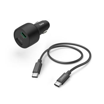 Auto-oplader, 1x USB-C, 1x USB-A, PD/QC, opladningssæt, 32 Watt, sort - Hama