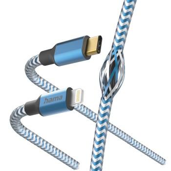 Opladningskabel Reflective, USB-C - Lightning, 1,5 m, Nylon, blå - Hama