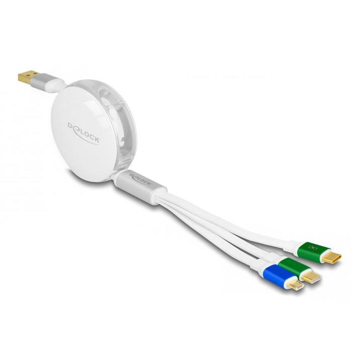 Delock USB 3 i 1 oprullbart ladekabel Type-A til Micro USB / 2 x USB Type-C™