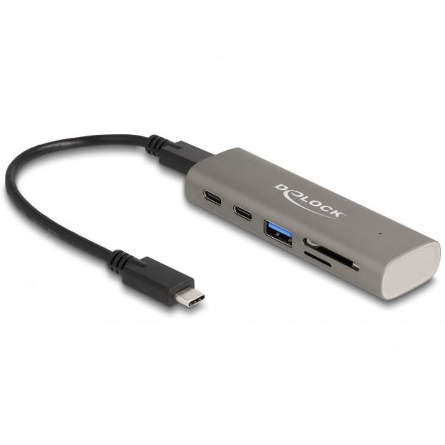 Delock USB hub 10 Gbps, SD/Micro-SD. USB-C kabel 20 cm.