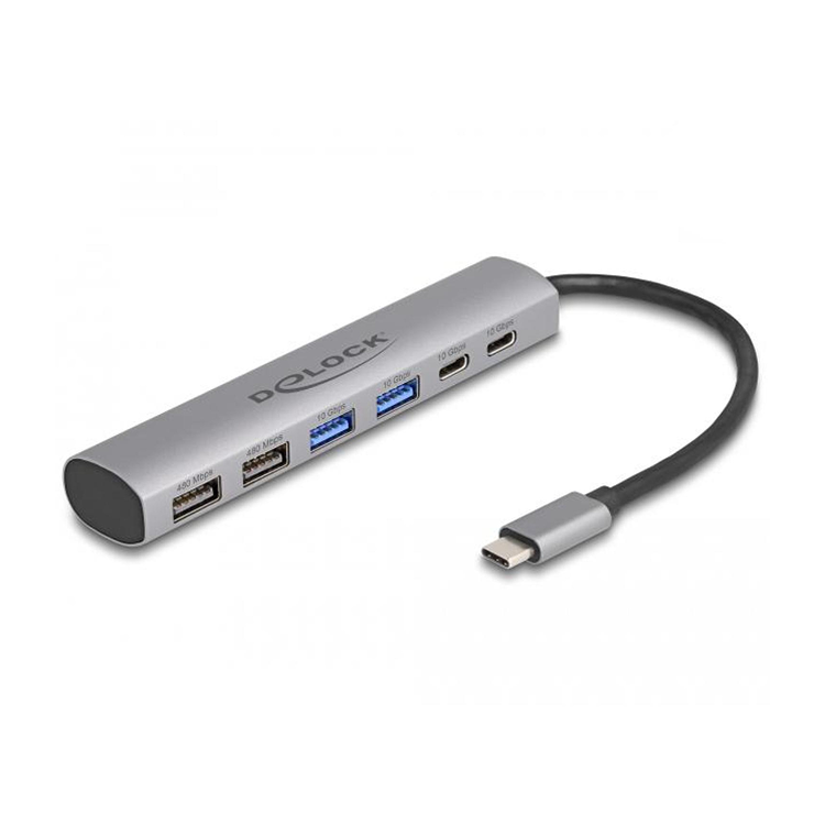 USB hub. USB C male. 2x USB A, 2x USB C female. 15 cm.
