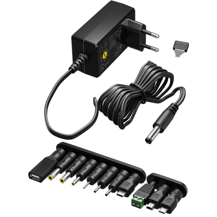 Universal AC/DC-adapter med justerbar spænding og stik