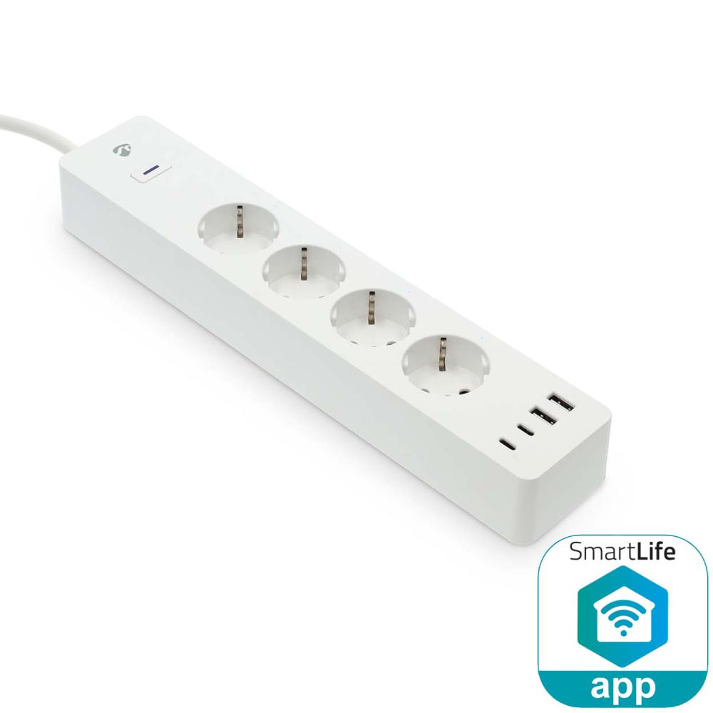 Stikkontakt med 4 stikkontakter, 2× USB A, 2× USB C og Wi-Fi