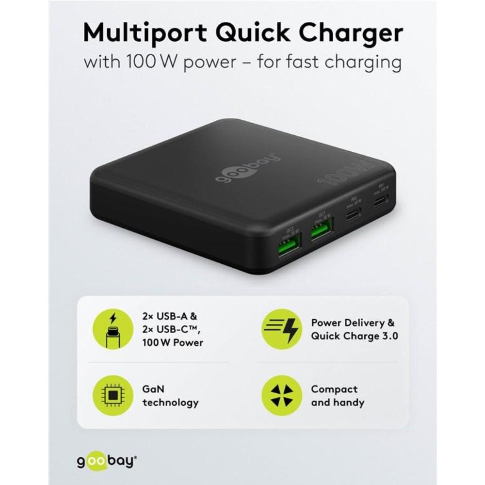 100W Multiport GaN Oplader - 2x USB-C og 2x USB-A
