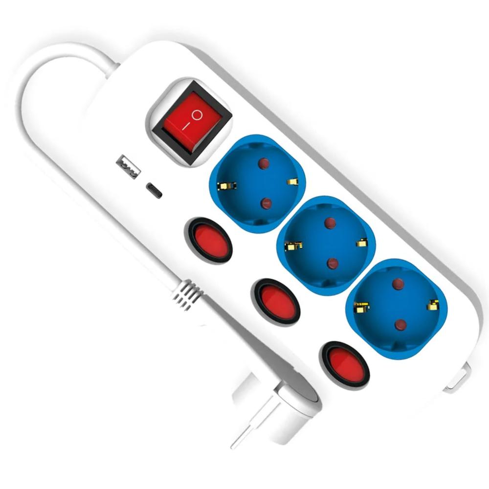 ROLINE 3-lags Stikdåse med afbryder, + hurtig oplader, 1x USB A+C, 3 - Roline