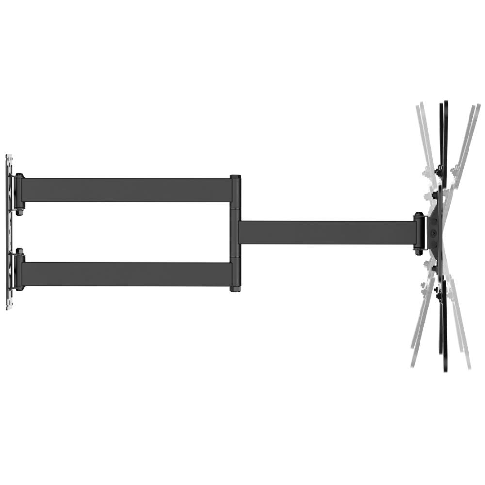  • Mærke: Allteq • Type: vægbeslag • Materialer: stål • Finish: pulverlakering • Skærmstørrelse: 23 til 65 tommer • Maksimal vægt: 35 kilogram • Minimum afstand til væg: 5.4 centimeter • Maksimal afstand til væg: 72.8 centimeter • Vipning: +5 / -15 • Drejning: +90 ~ -90 • VESA: 75x75,100x100,200x100,200x200,300x200,400x200,300x300,400x300,400x400 • Garanti: 5 år Allteq TM 830 tv beslag Dette Allteq TM 830 tv beslag er et ekstra langt, fuldt bevægeligt (full-motion) vægbeslag, hvormed du kan fastgøre en skærm som et fjernsyn sikkert til væggen. Velegnet til skærme fra 23 til og med 65 tommer med en maksimal vægt på 35 kilogram. Afstanden fra skærm til væg er justerbar fra minimum 54 mm til maksimalt 728 mm, så du kan placere skærmen både fladt på væggen og langt ude. Beslaget er fremstillet af robust stål med en holdbar pulverlakering. For en ideel betragtningsposition har beslaget en vipningsområde på +5 / -15 og en drejningsområde på +90 ~ -90. Derudover er der skærmniveaujustering på +3 / -3 for en pæn udligning efter montering. Understøttede VESA-størrelser: 75x75,100x100,200x100,200x200,300x200,400x200,300x300,400x300,400x400. Kabelstyring er integreret. Montering på solid væg eller enkelt stender (single stud). Karakteristika • beslag kan vippes +5 / -15 • afstand til væggen justerbar fra 54 til 728 mm • maksimal bæreevne 35 kilogram • velegnet til skærme fra 23 til maksimalt 65 tommer • drejningsområde +90 ~ -90 og skærmniveaujustering +3 / -3 Dreje og vippe På grund af hængselpunkterne og den ekstra lange arm på Allteq vægbeslaget er det muligt at dreje og vippe fjernsynet bredt. Vægbeslaget og armkonstruktionen muliggør et drejningsområde fra +90 til -90 (total 180), så du kan dreje skærmen til næsten enhver betragtningsposition. Monteringspladen sørger desuden for vipning i en vinkel på +5 / -15, praktisk mod refleksioner eller til højere/lavere betragtningspositioner. Takket være den royale udtrækkelighed op til 728 mm drejer du også større skærme frit fra væggen. Andre oplysninger Allteq vægbeslag er udviklet til solid og fleksibel vægmontering. Allteq TM 830 er udført i stål med pulverlakering og velegnet til fjernsyn med en skærmstørrelse fra 23 til 65 tommer. Kabelstyring holder kabler pænt ude af syne. Dette Allteq tv beslag leveres med 5 års garanti. TV vægbeslag 23–65 tommer – Full Motion – Kan vippes & Drejes – 35kg – VESA 400x400