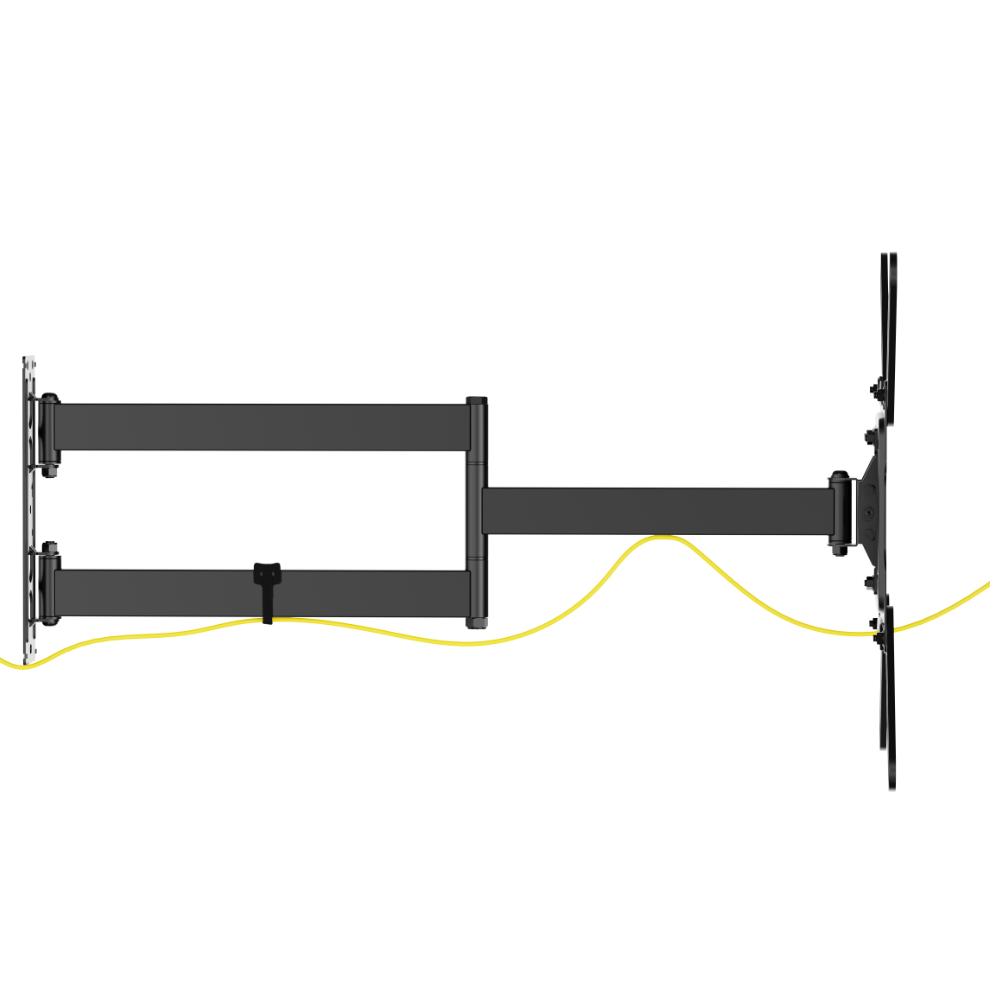 • Mærke: Allteq • Type: vægbeslag • Materialer: stål • Finish: pulverlakering • Skærmstørrelse: 23 til 65 tommer • Maksimal vægt: 35 kilogram • Minimum afstand til væg: 5.4 centimeter • Maksimal afstand til væg: 72.8 centimeter • Vipning: +5 / -15 • Drejning: +90 ~ -90 • VESA: 75x75,100x100,200x100,200x200,300x200,400x200,300x300,400x300,400x400 • Garanti: 5 år Allteq TM 830 tv beslag Dette Allteq TM 830 tv beslag er et ekstra langt, fuldt bevægeligt (full-motion) vægbeslag, hvormed du kan fastgøre en skærm som et fjernsyn sikkert til væggen. Velegnet til skærme fra 23 til og med 65 tommer med en maksimal vægt på 35 kilogram. Afstanden fra skærm til væg er justerbar fra minimum 54 mm til maksimalt 728 mm, så du kan placere skærmen både fladt på væggen og langt ude. Beslaget er fremstillet af robust stål med en holdbar pulverlakering. For en ideel betragtningsposition har beslaget en vipningsområde på +5 / -15 og en drejningsområde på +90 ~ -90. Derudover er der skærmniveaujustering på +3 / -3 for en pæn udligning efter montering. Understøttede VESA-størrelser: 75x75,100x100,200x100,200x200,300x200,400x200,300x300,400x300,400x400. Kabelstyring er integreret. Montering på solid væg eller enkelt stender (single stud). Karakteristika • beslag kan vippes +5 / -15 • afstand til væggen justerbar fra 54 til 728 mm • maksimal bæreevne 35 kilogram • velegnet til skærme fra 23 til maksimalt 65 tommer • drejningsområde +90 ~ -90 og skærmniveaujustering +3 / -3 Dreje og vippe På grund af hængselpunkterne og den ekstra lange arm på Allteq vægbeslaget er det muligt at dreje og vippe fjernsynet bredt. Vægbeslaget og armkonstruktionen muliggør et drejningsområde fra +90 til -90 (total 180), så du kan dreje skærmen til næsten enhver betragtningsposition. Monteringspladen sørger desuden for vipning i en vinkel på +5 / -15, praktisk mod refleksioner eller til højere/lavere betragtningspositioner. Takket være den royale udtrækkelighed op til 728 mm drejer du også større skærme frit fra væggen. Andre oplysninger Allteq vægbeslag er udviklet til solid og fleksibel vægmontering. Allteq TM 830 er udført i stål med pulverlakering og velegnet til fjernsyn med en skærmstørrelse fra 23 til 65 tommer. Kabelstyring holder kabler pænt ude af syne. Dette Allteq tv beslag leveres med 5 års garanti. TV vægbeslag 23–65 tommer – Full Motion – Kan vippes & Drejes – 35kg – VESA 400x400