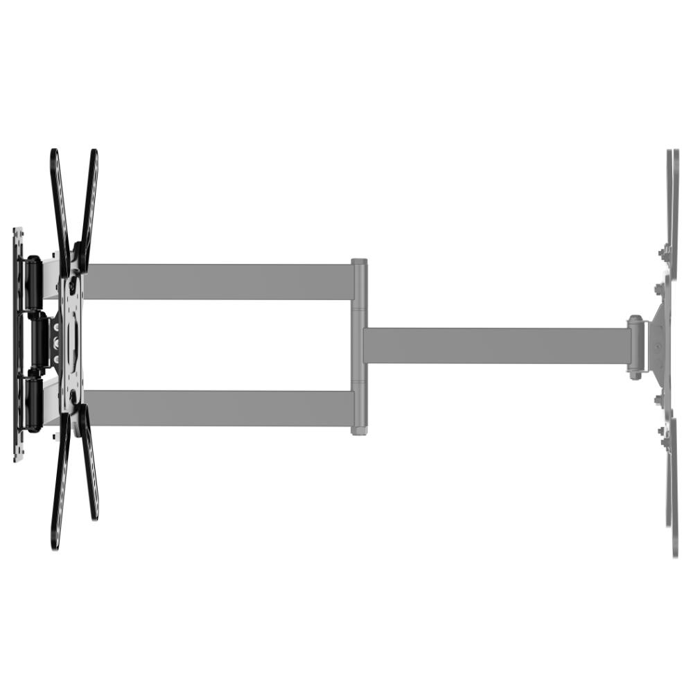  • Mærke: Allteq • Type: vægbeslag • Materialer: stål • Finish: pulverlakering • Skærmstørrelse: 23 til 65 tommer • Maksimal vægt: 35 kilogram • Minimum afstand til væg: 5.4 centimeter • Maksimal afstand til væg: 72.8 centimeter • Vipning: +5 / -15 • Drejning: +90 ~ -90 • VESA: 75x75,100x100,200x100,200x200,300x200,400x200,300x300,400x300,400x400 • Garanti: 5 år Allteq TM 830 tv beslag Dette Allteq TM 830 tv beslag er et ekstra langt, fuldt bevægeligt (full-motion) vægbeslag, hvormed du kan fastgøre en skærm som et fjernsyn sikkert til væggen. Velegnet til skærme fra 23 til og med 65 tommer med en maksimal vægt på 35 kilogram. Afstanden fra skærm til væg er justerbar fra minimum 54 mm til maksimalt 728 mm, så du kan placere skærmen både fladt på væggen og langt ude. Beslaget er fremstillet af robust stål med en holdbar pulverlakering. For en ideel betragtningsposition har beslaget en vipningsområde på +5 / -15 og en drejningsområde på +90 ~ -90. Derudover er der skærmniveaujustering på +3 / -3 for en pæn udligning efter montering. Understøttede VESA-størrelser: 75x75,100x100,200x100,200x200,300x200,400x200,300x300,400x300,400x400. Kabelstyring er integreret. Montering på solid væg eller enkelt stender (single stud). Karakteristika • beslag kan vippes +5 / -15 • afstand til væggen justerbar fra 54 til 728 mm • maksimal bæreevne 35 kilogram • velegnet til skærme fra 23 til maksimalt 65 tommer • drejningsområde +90 ~ -90 og skærmniveaujustering +3 / -3 Dreje og vippe På grund af hængselpunkterne og den ekstra lange arm på Allteq vægbeslaget er det muligt at dreje og vippe fjernsynet bredt. Vægbeslaget og armkonstruktionen muliggør et drejningsområde fra +90 til -90 (total 180), så du kan dreje skærmen til næsten enhver betragtningsposition. Monteringspladen sørger desuden for vipning i en vinkel på +5 / -15, praktisk mod refleksioner eller til højere/lavere betragtningspositioner. Takket være den royale udtrækkelighed op til 728 mm drejer du også større skærme frit fra væggen. Andre oplysninger Allteq vægbeslag er udviklet til solid og fleksibel vægmontering. Allteq TM 830 er udført i stål med pulverlakering og velegnet til fjernsyn med en skærmstørrelse fra 23 til 65 tommer. Kabelstyring holder kabler pænt ude af syne. Dette Allteq tv beslag leveres med 5 års garanti. TV vægbeslag 23–65 tommer – Full Motion – Kan vippes & Drejes – 35kg – VESA 400x400