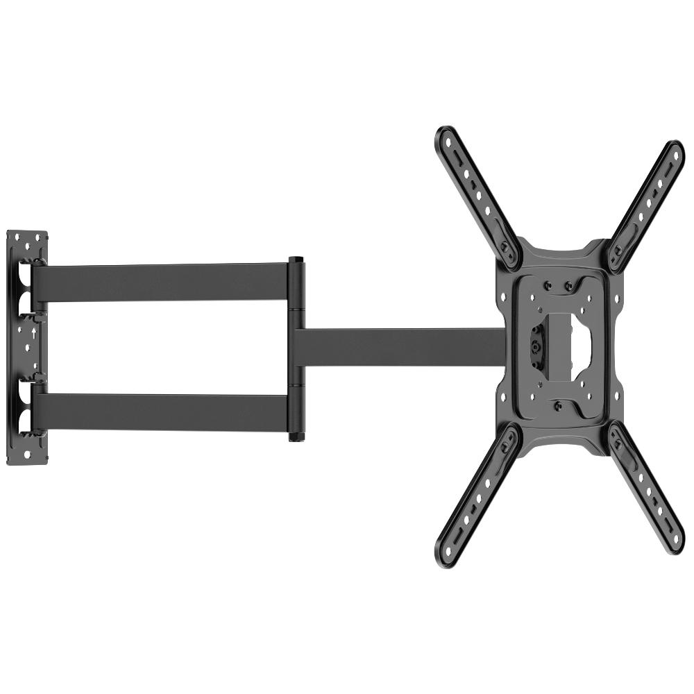  • Mærke: Allteq • Type: vægbeslag • Materialer: stål • Finish: pulverlakering • Skærmstørrelse: 23 til 65 tommer • Maksimal vægt: 35 kilogram • Minimum afstand til væg: 5.4 centimeter • Maksimal afstand til væg: 72.8 centimeter • Vipning: +5 / -15 • Drejning: +90 ~ -90 • VESA: 75x75,100x100,200x100,200x200,300x200,400x200,300x300,400x300,400x400 • Garanti: 5 år Allteq TM 830 tv beslag Dette Allteq TM 830 tv beslag er et ekstra langt, fuldt bevægeligt (full-motion) vægbeslag, hvormed du kan fastgøre en skærm som et fjernsyn sikkert til væggen. Velegnet til skærme fra 23 til og med 65 tommer med en maksimal vægt på 35 kilogram. Afstanden fra skærm til væg er justerbar fra minimum 54 mm til maksimalt 728 mm, så du kan placere skærmen både fladt på væggen og langt ude. Beslaget er fremstillet af robust stål med en holdbar pulverlakering. For en ideel betragtningsposition har beslaget en vipningsområde på +5 / -15 og en drejningsområde på +90 ~ -90. Derudover er der skærmniveaujustering på +3 / -3 for en pæn udligning efter montering. Understøttede VESA-størrelser: 75x75,100x100,200x100,200x200,300x200,400x200,300x300,400x300,400x400. Kabelstyring er integreret. Montering på solid væg eller enkelt stender (single stud). Karakteristika • beslag kan vippes +5 / -15 • afstand til væggen justerbar fra 54 til 728 mm • maksimal bæreevne 35 kilogram • velegnet til skærme fra 23 til maksimalt 65 tommer • drejningsområde +90 ~ -90 og skærmniveaujustering +3 / -3 Dreje og vippe På grund af hængselpunkterne og den ekstra lange arm på Allteq vægbeslaget er det muligt at dreje og vippe fjernsynet bredt. Vægbeslaget og armkonstruktionen muliggør et drejningsområde fra +90 til -90 (total 180), så du kan dreje skærmen til næsten enhver betragtningsposition. Monteringspladen sørger desuden for vipning i en vinkel på +5 / -15, praktisk mod refleksioner eller til højere/lavere betragtningspositioner. Takket være den royale udtrækkelighed op til 728 mm drejer du også større skærme frit fra væggen. Andre oplysninger Allteq vægbeslag er udviklet til solid og fleksibel vægmontering. Allteq TM 830 er udført i stål med pulverlakering og velegnet til fjernsyn med en skærmstørrelse fra 23 til 65 tommer. Kabelstyring holder kabler pænt ude af syne. Dette Allteq tv beslag leveres med 5 års garanti. TV vægbeslag 23–65 tommer – Full Motion – Kan vippes & Drejes – 35kg – VESA 400x400