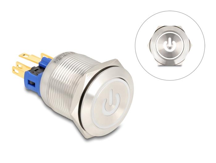 Delock Trykknap til indbygning 22 mm 6 x loddetilslutning LED hvid Powersymbol
