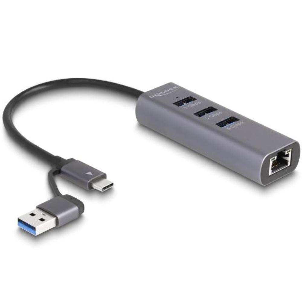 USB C hub med 3× USB A-porte og Gigabit LAN