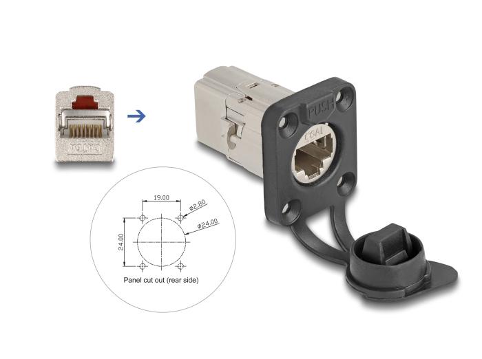 Delock D-Type RJ45 indbygningsoxhuse / kobling Cat.6A STP med beskyttelseskappe IP66