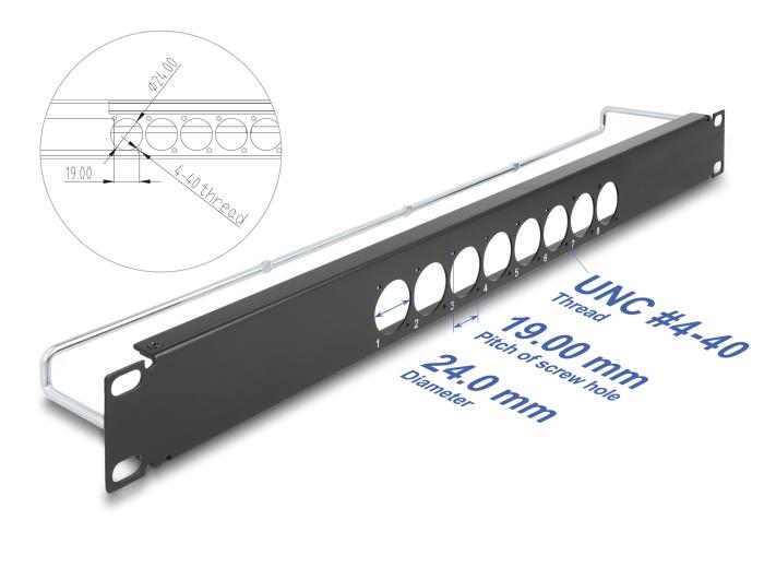 Delock 19″ D-type patchpanel med aflastningsskinne 8 porte centralt 1 HE sc