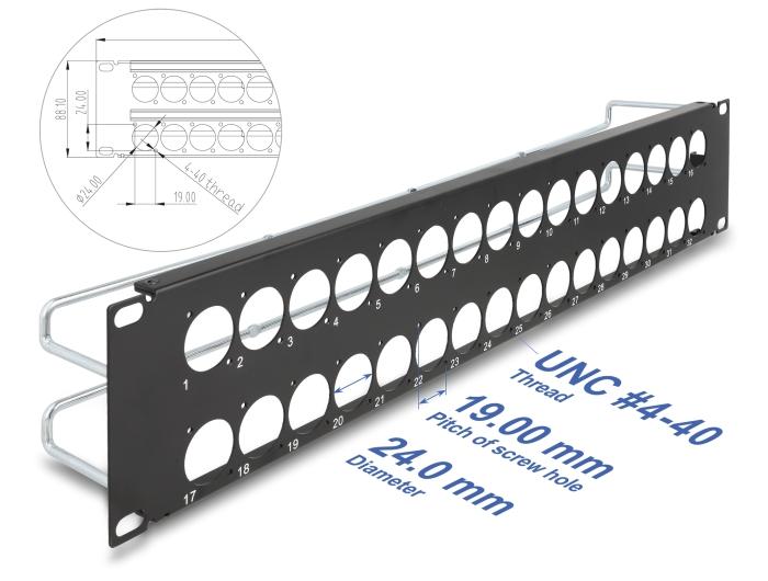 Delock 19″ D-type patchpanel med aflastningsskinner 32 port 2 HE sort