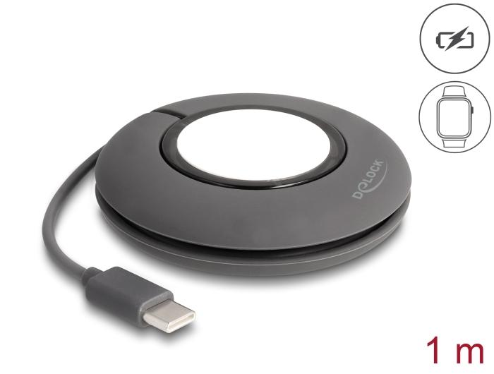 Delock USB Type-C™ oprullende opladerkabel til Apple Watch 1 m grå magnetisk