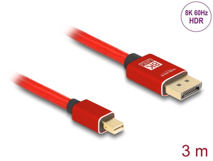 Delock Mini DisplayPort til DisplayPort Kabel 8K 60 Hz 3 m rød Metal uden
