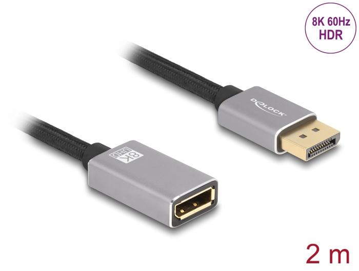 Delock DisplayPort forlængerkabel 8K 60 Hz 2 m grå metal uden låsefunktion
