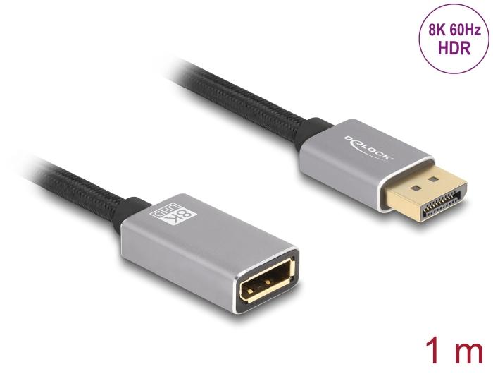 Delock DisplayPort forlængerkabel 8K 60 Hz 1 m grå metal uden låsefunktion