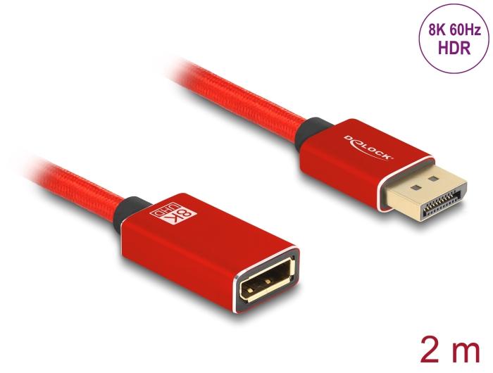 Delock DisplayPort Forlængerkabel 8K 60 Hz 2 m rød Metal uden lås