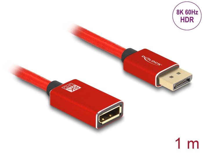 Delock DisplayPort Forlængerkabel 8K 60 Hz 1 m rød Metal uden lås