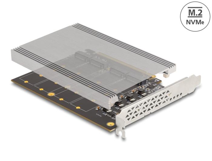 Delock PCI Express x16 kort med 4 interne NVMe M.2 Key M-stik og køler