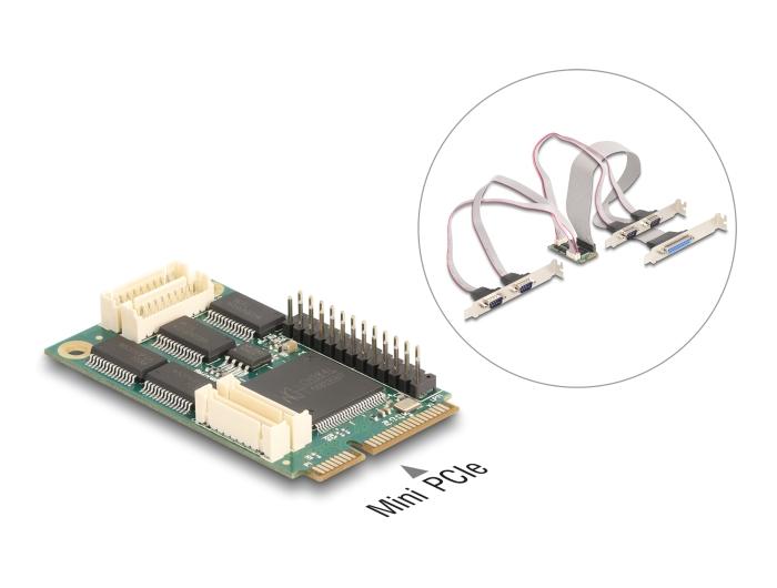 Delock Mini PCIe I/O PCIe fuld størrelse 4 x Seriell RS-232, 1 x Parallel